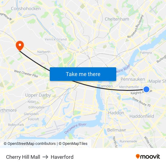 Cherry Hill Mall to Haverford map