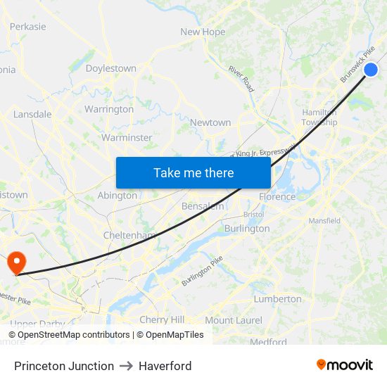 Princeton Junction to Haverford map
