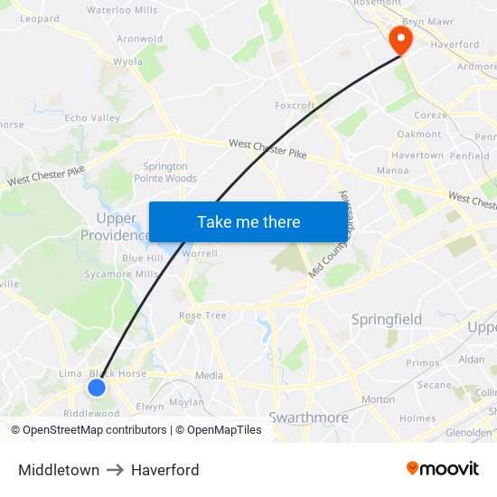 Middletown to Haverford map