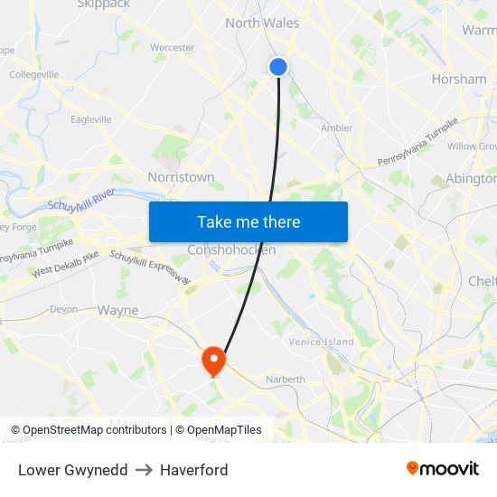 Lower Gwynedd to Haverford map