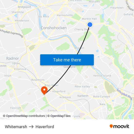 Whitemarsh to Haverford map