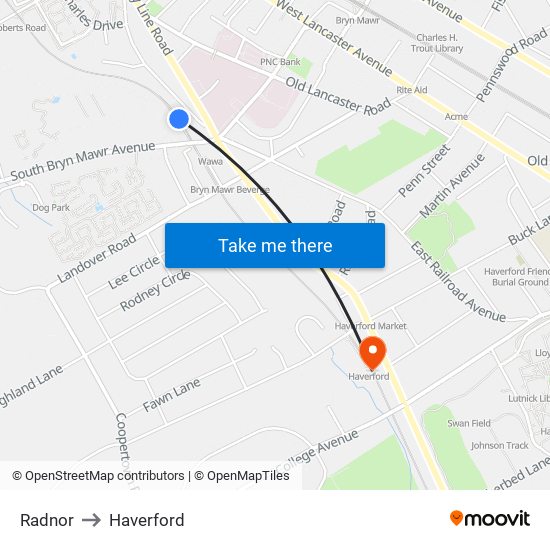 Radnor to Haverford map