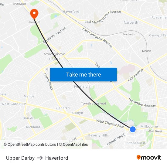 Upper Darby to Haverford map