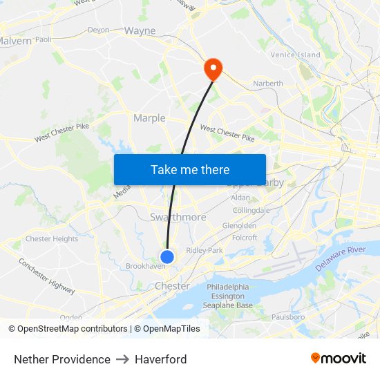 Nether Providence to Haverford map