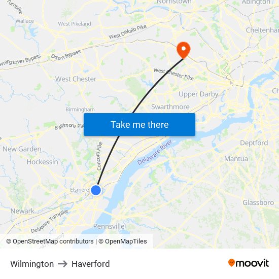 Wilmington to Haverford map