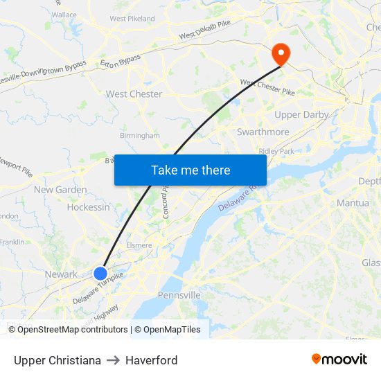 Upper Christiana to Haverford map