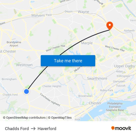 Chadds Ford to Haverford map