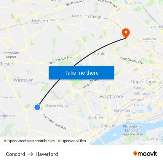 Concord to Haverford map