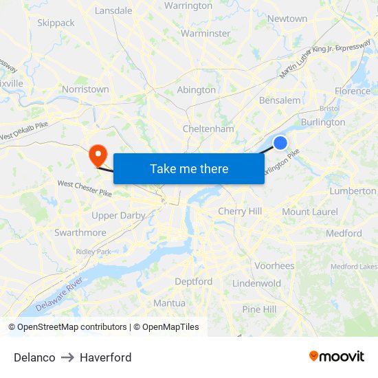 Delanco to Haverford map