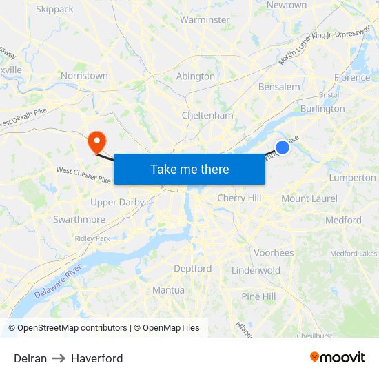 Delran to Haverford map
