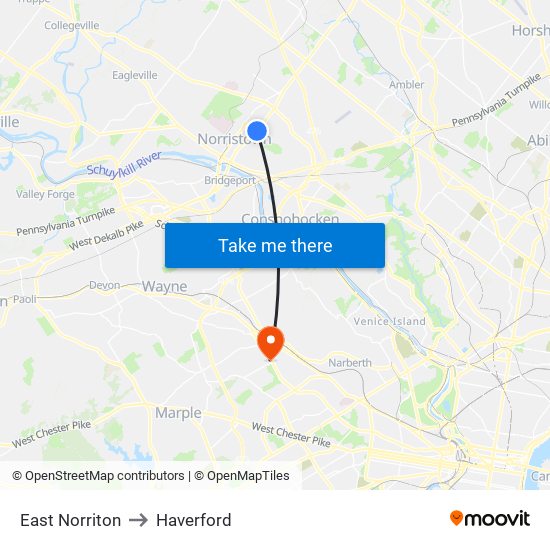 East Norriton to Haverford map