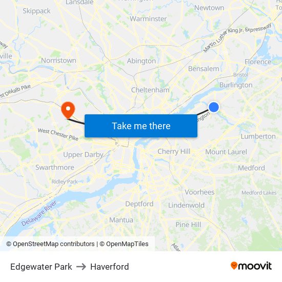 Edgewater Park to Haverford map