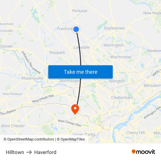 Hilltown to Haverford map