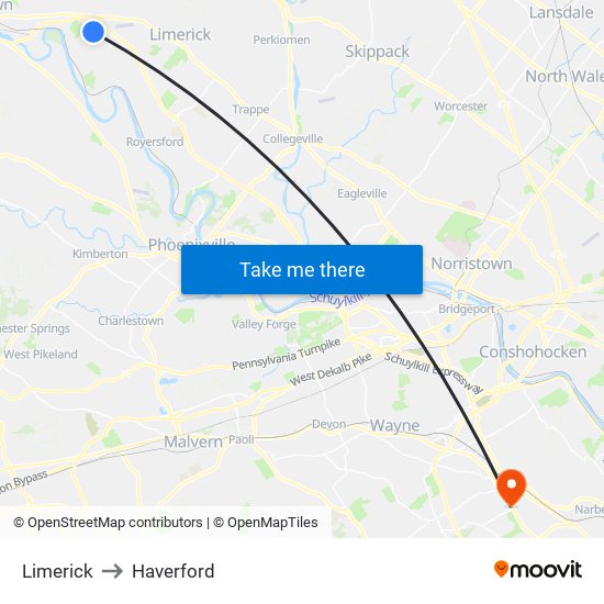 Limerick to Haverford map