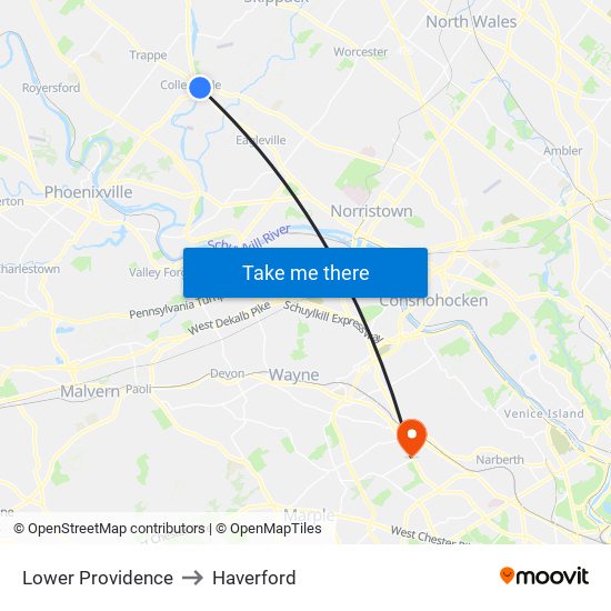 Lower Providence to Haverford map