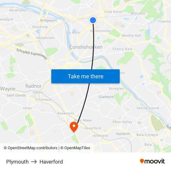 Plymouth to Haverford map