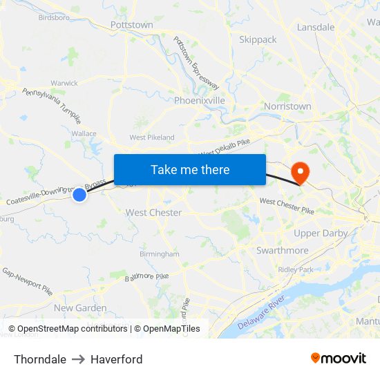 Thorndale to Haverford map