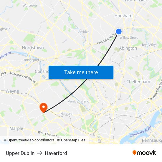 Upper Dublin to Haverford map