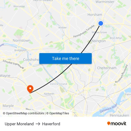 Upper Moreland to Haverford map