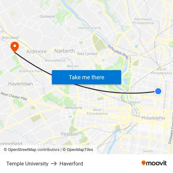 Temple University to Haverford map