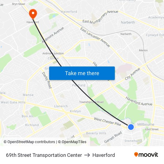 69th Street Transportation Center to Haverford map
