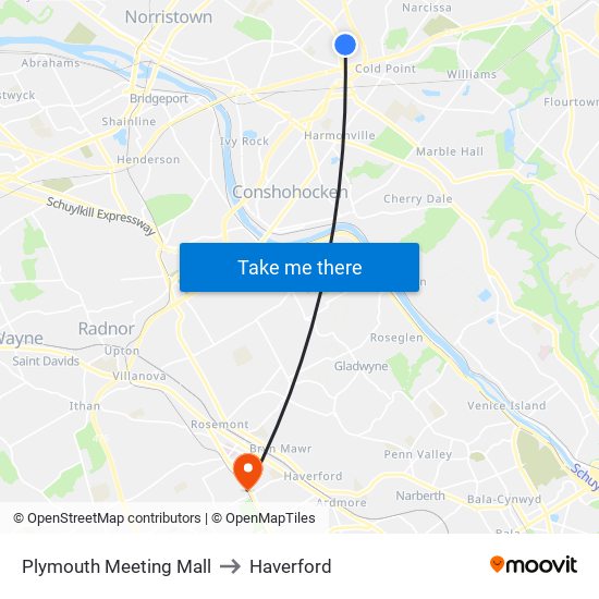 Plymouth Meeting Mall to Haverford map