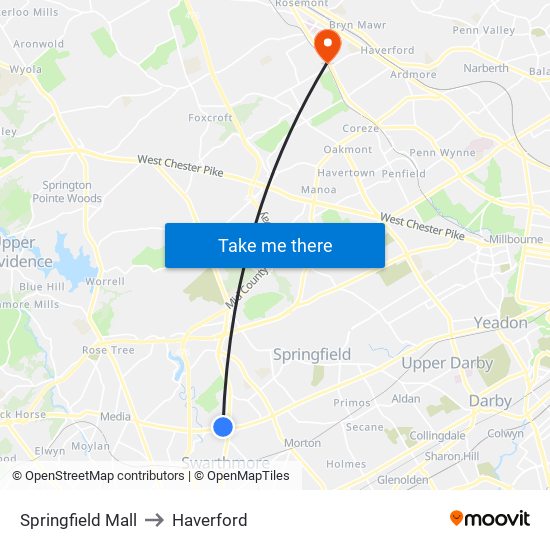 Springfield Mall to Haverford map