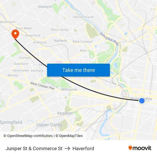 Juniper St & Commerce St to Haverford map