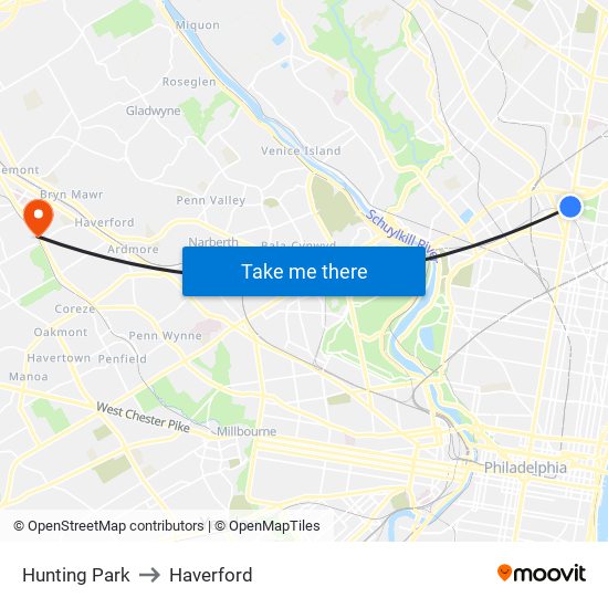 Hunting Park to Haverford map
