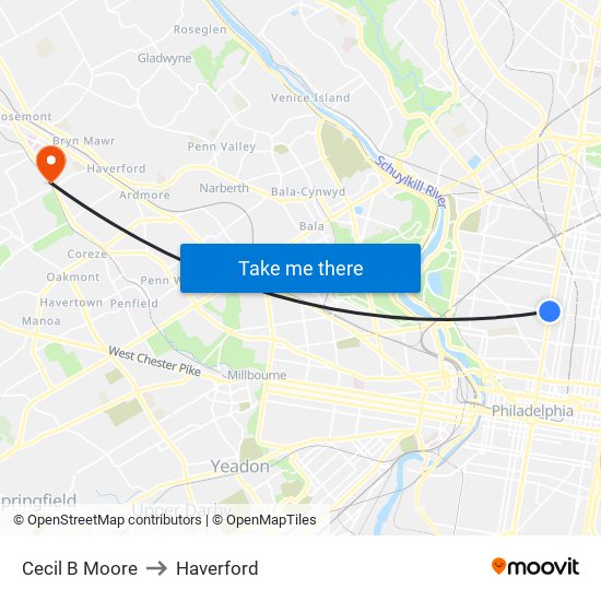 Cecil B Moore to Haverford map
