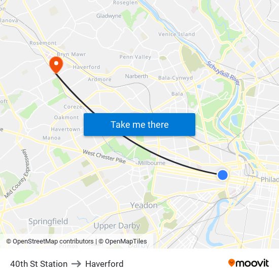 40th St Station to Haverford map