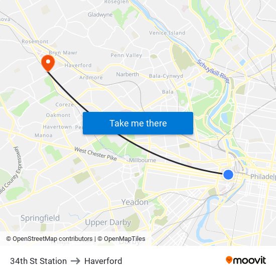 34th St Station to Haverford map