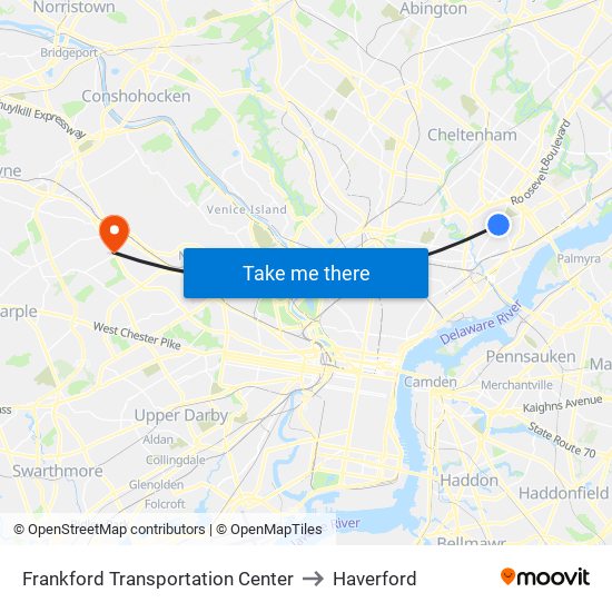 Frankford Transportation Center to Haverford map