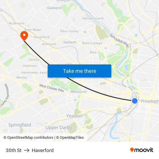 30th St to Haverford map