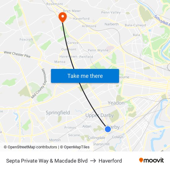 Septa Private Way & Macdade Blvd to Haverford map