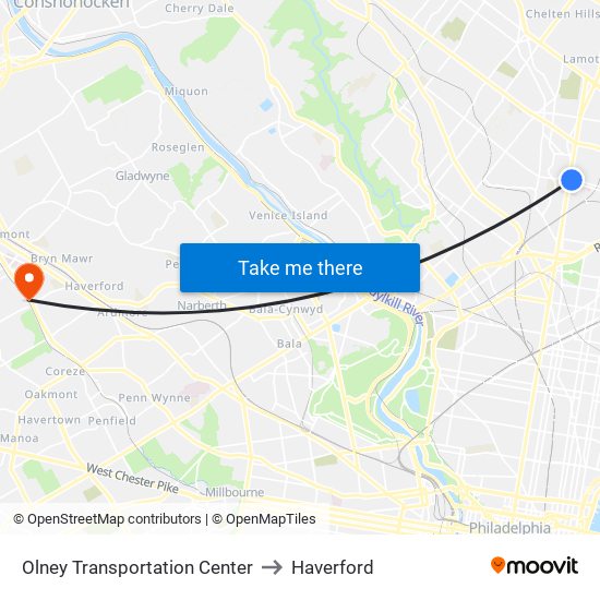 Olney Transportation Center to Haverford map