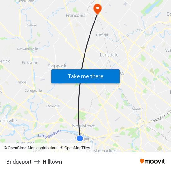 Bridgeport to Hilltown map