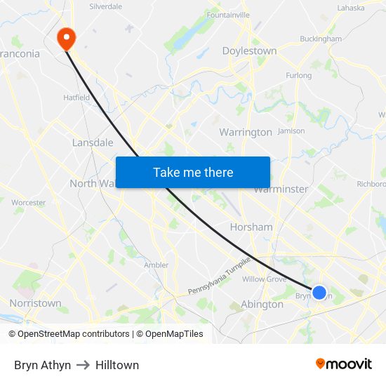 Bryn Athyn to Hilltown map