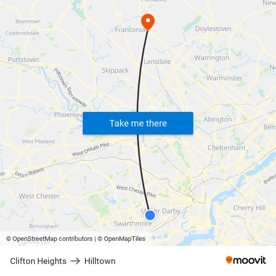 Clifton Heights to Hilltown map