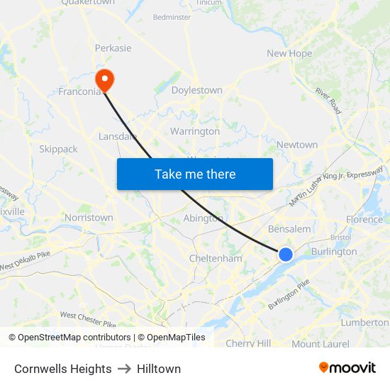 Cornwells Heights to Hilltown map