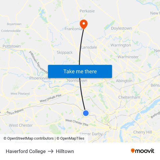Haverford College to Hilltown map