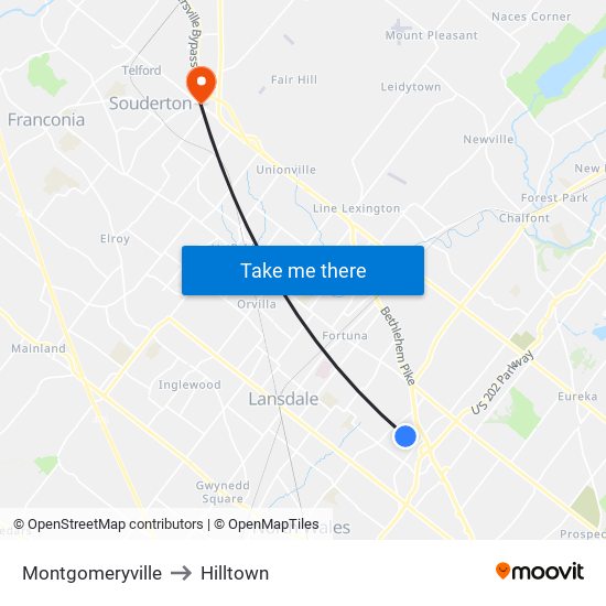 Montgomeryville to Hilltown map