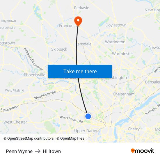 Penn Wynne to Hilltown map
