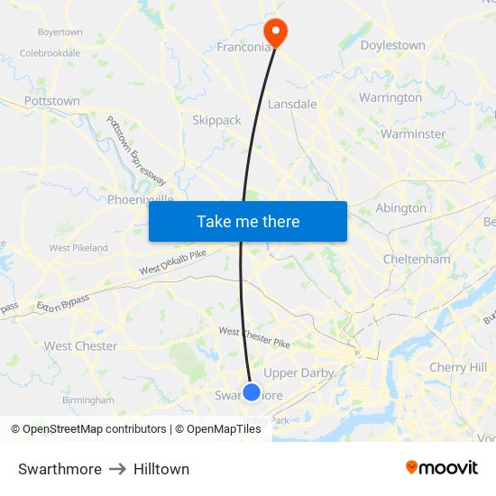 Swarthmore to Hilltown map