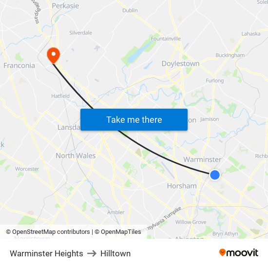 Warminster Heights to Hilltown map