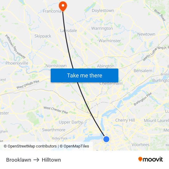 Brooklawn to Hilltown map