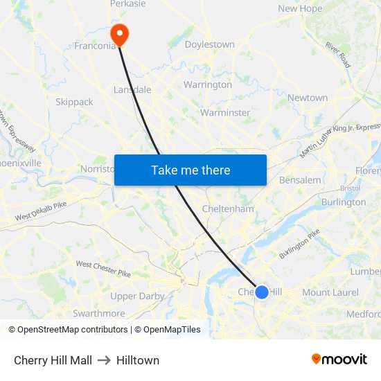 Cherry Hill Mall to Hilltown map