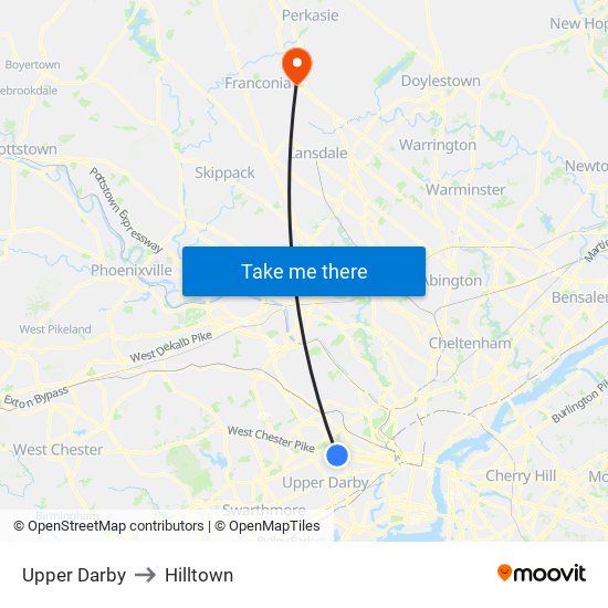 Upper Darby to Hilltown map