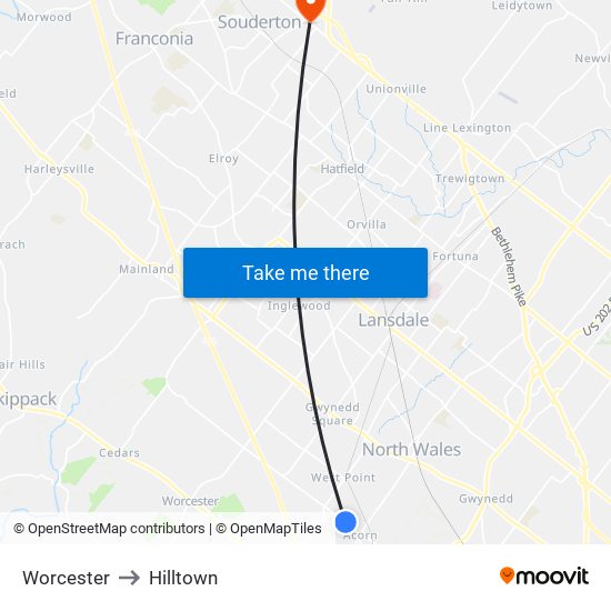 Worcester to Hilltown map