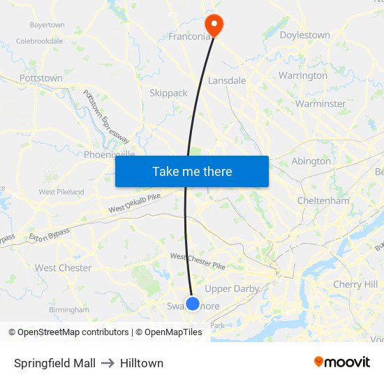 Springfield Mall to Hilltown map